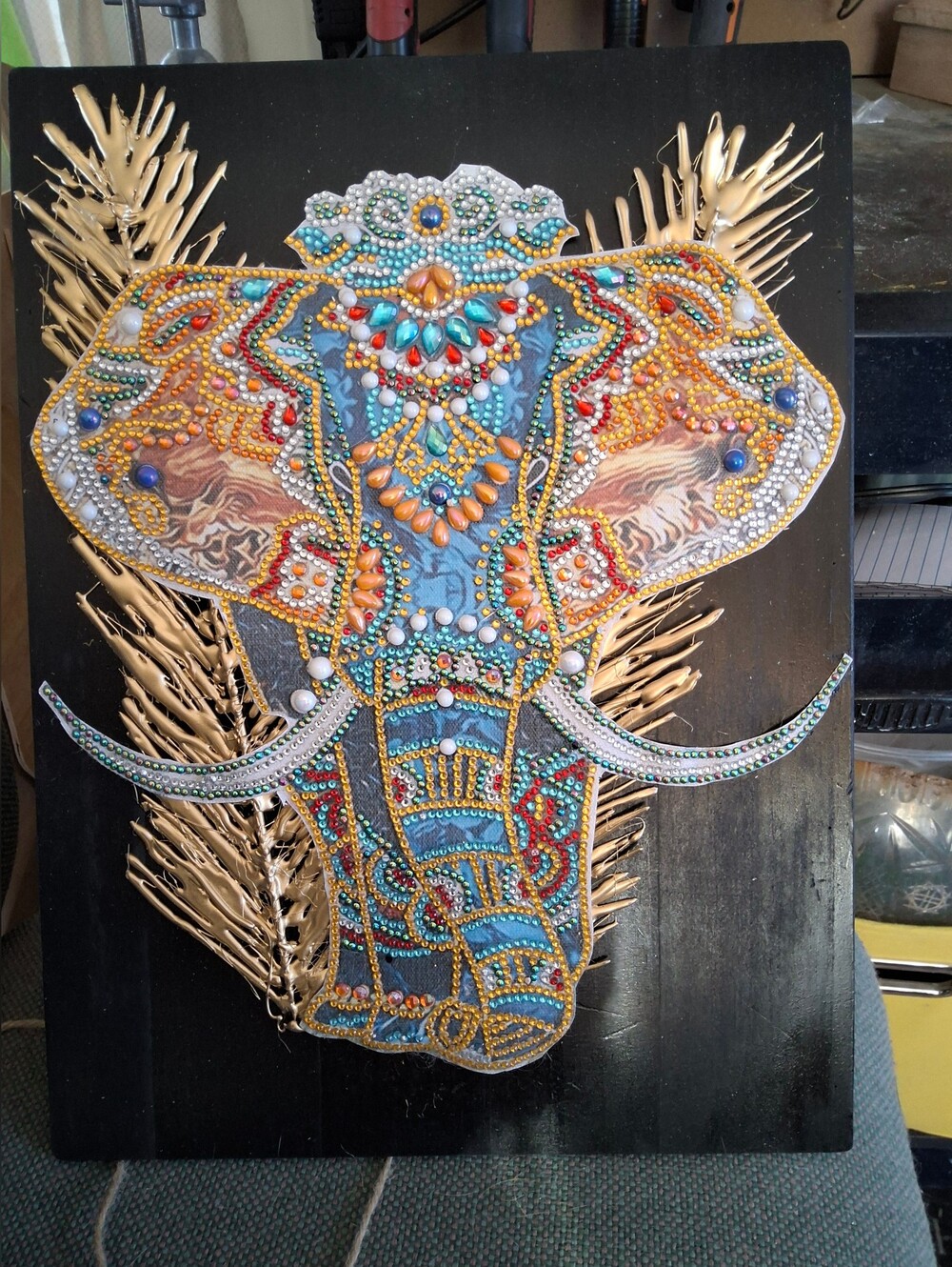 Hand Embellished Elephant Wall Art in Blue and Gold - Decorative Home Wall Decor